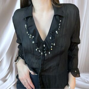 Sheer Black Women's Top with Silver Beaded Embellishments